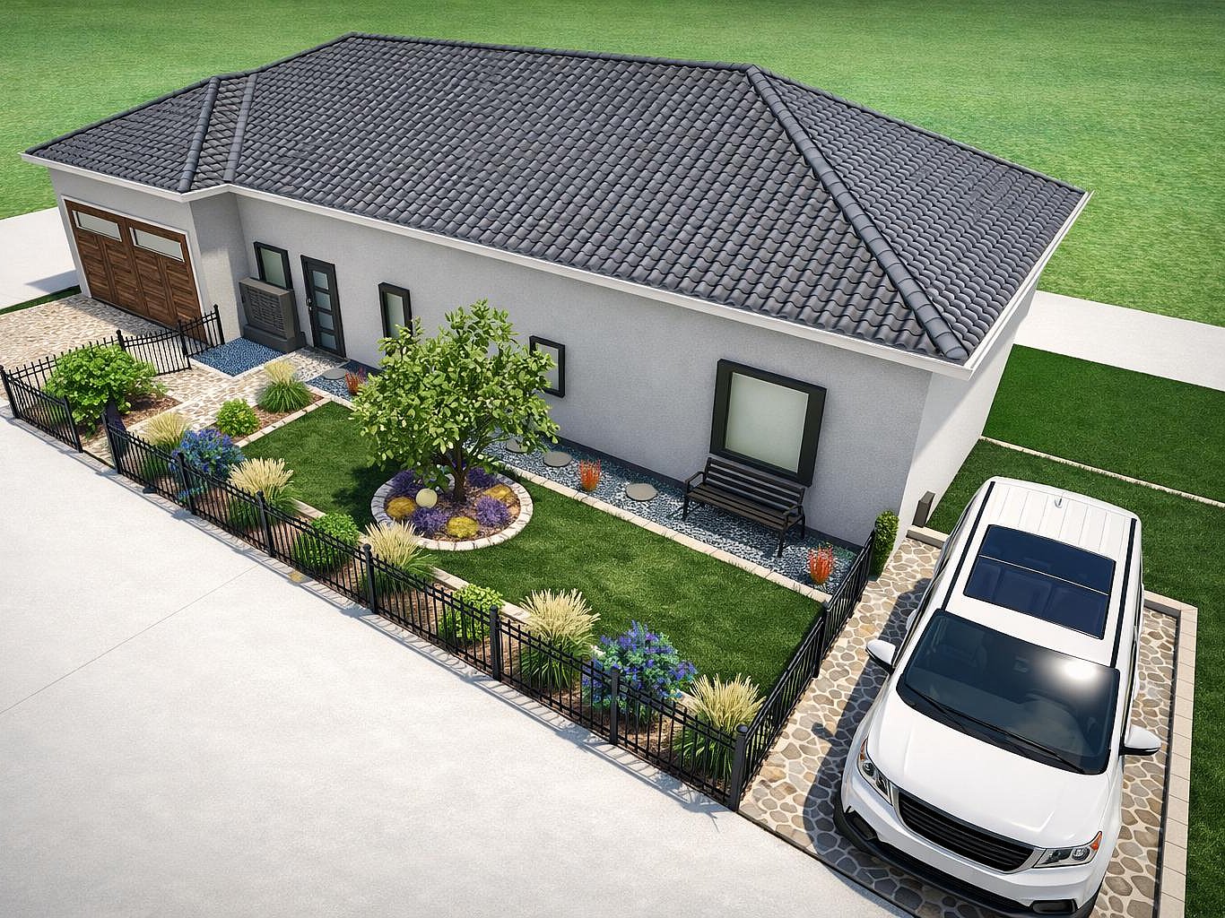 3D Gartenplanung Vogelperspektive Fotorealistische 3D-Ansicht eines Hauses mit Garten aus der Vogelperspektive