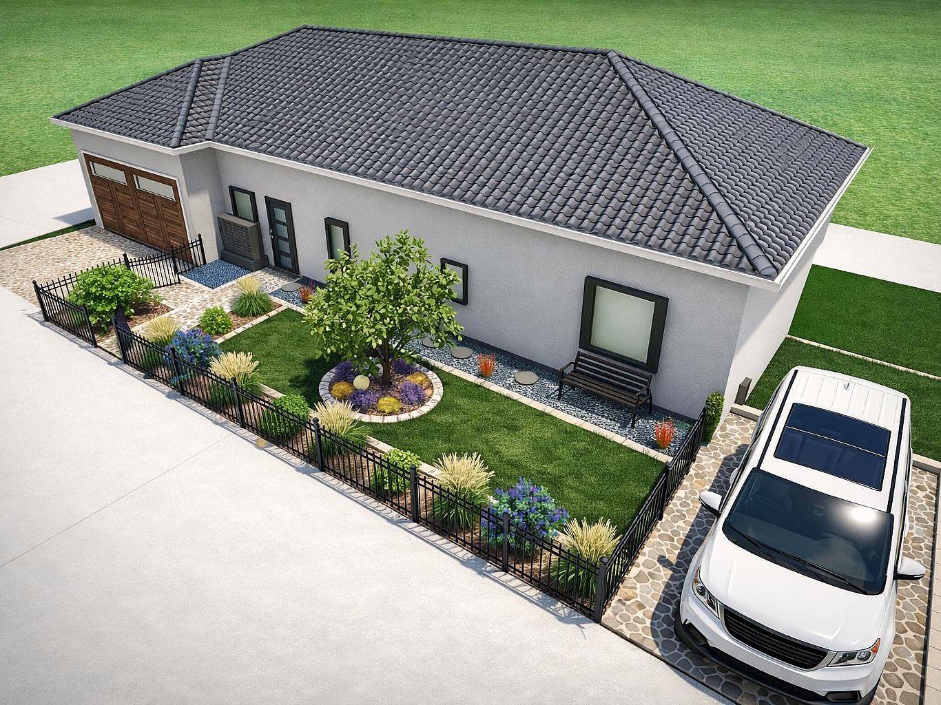 3D-Visualisierung einer Gartenplanung mit Haus und Vorgarten