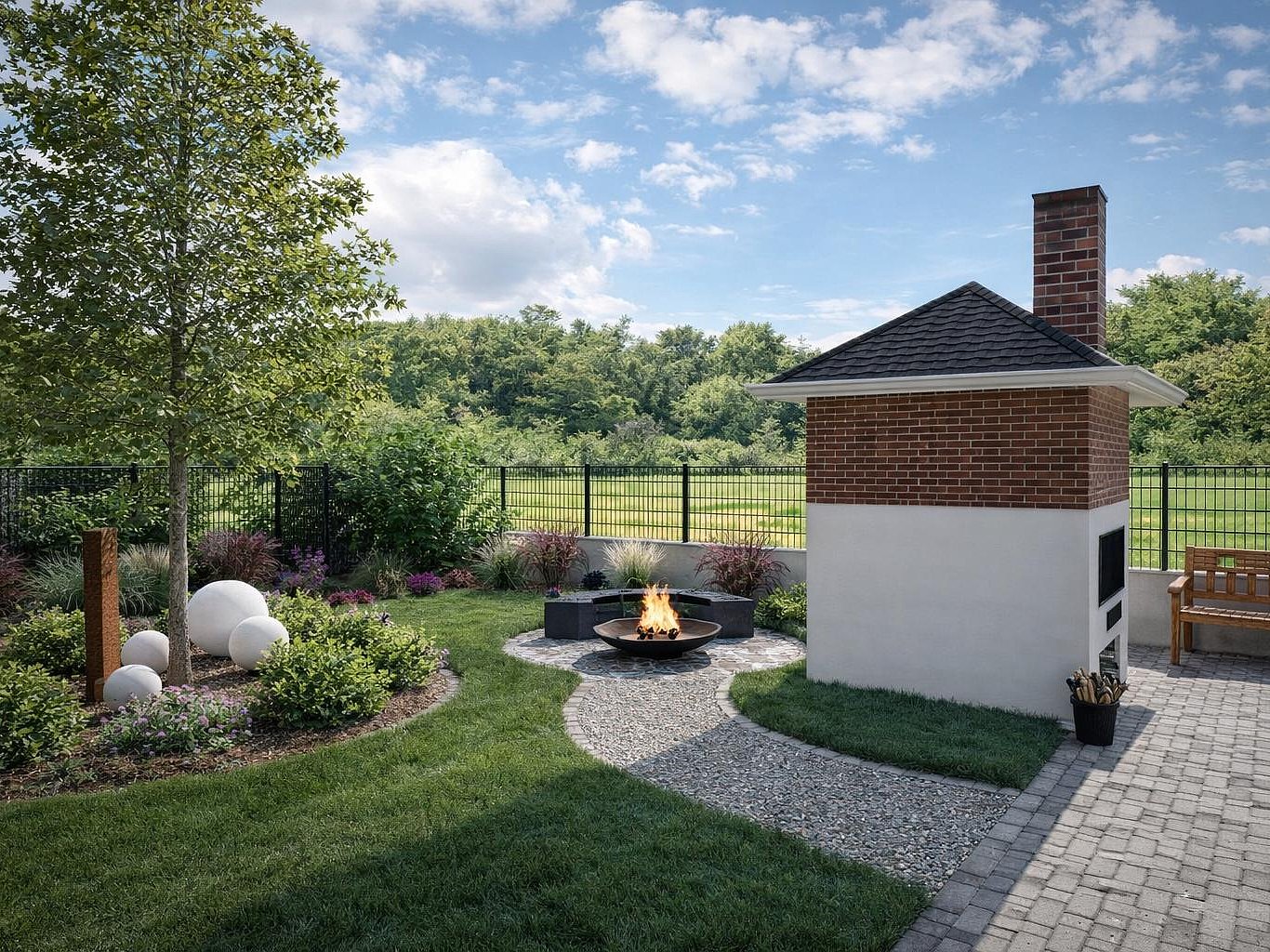 3D Garten mit Feuerstelle 3D-Visualisierung eines Gartens mit Feuerstelle und Outdoor-Kueche