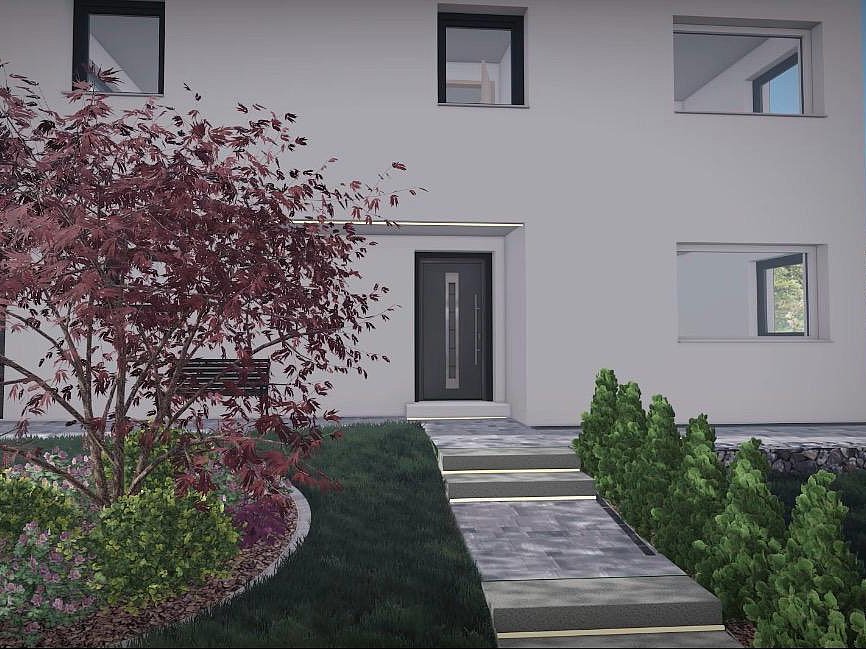 3D Hauseingang mit japanischem Ahorn 3D-Visualisierung eines modernen Hauseingangs mit Pflanzenmaterialien